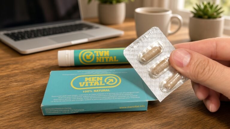 MenVital 荷蘭草本能量補充品包裝同工作桌